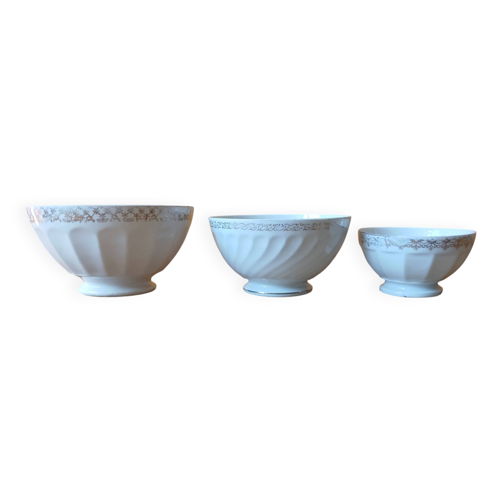 Set of 3 white and gold antique bowls - porcelain cups