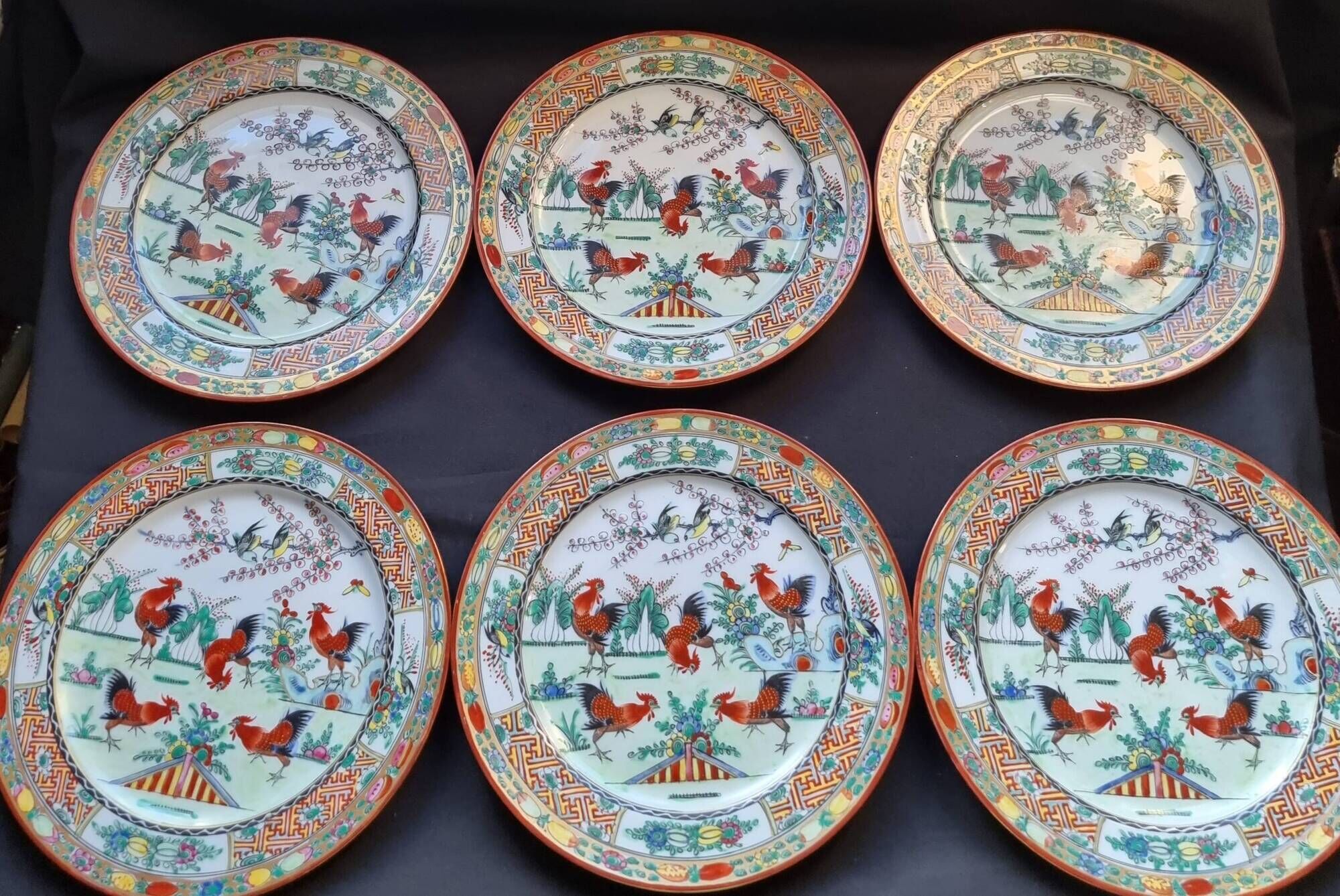 Set of 6 vintage Chinese porcelain plates from Macau (1970) hand painted
