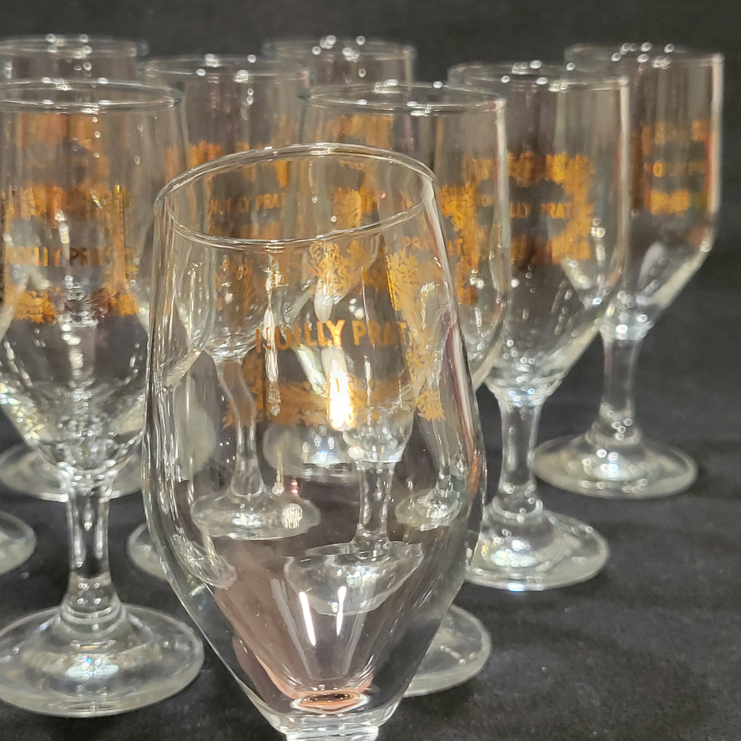 Vintage 10 glasses aperitif Noilly Prat on foot with golden inscription