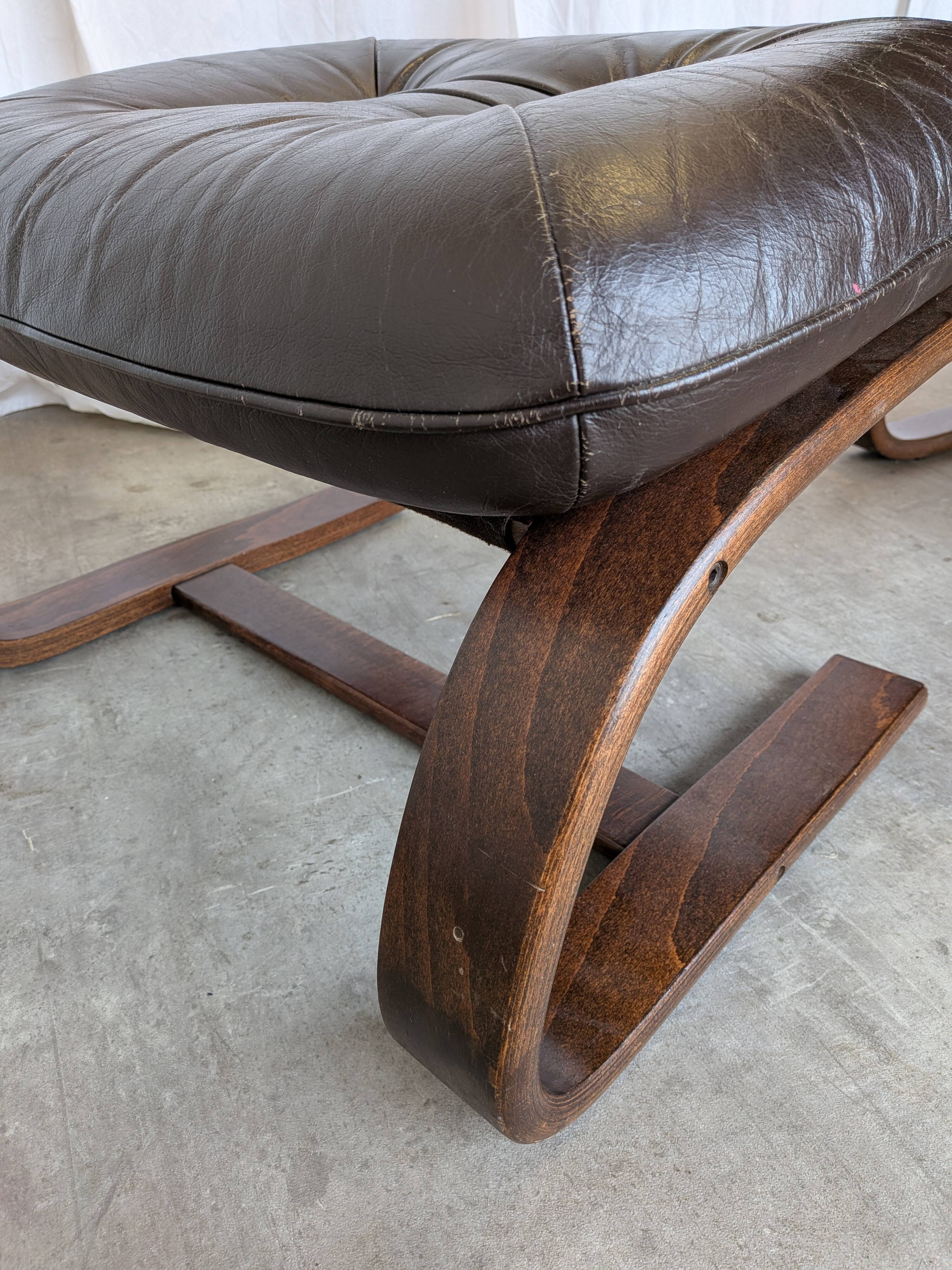 Vintage Panther Lounge Chair with Ottoman / Brown Leather Recliner Armchair