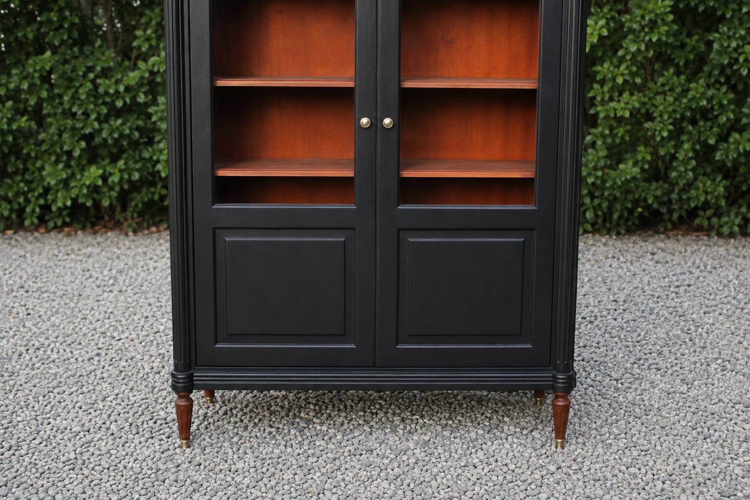 Renovated black antique Louis XVI style display cabinet, glass-fronted bookcase.