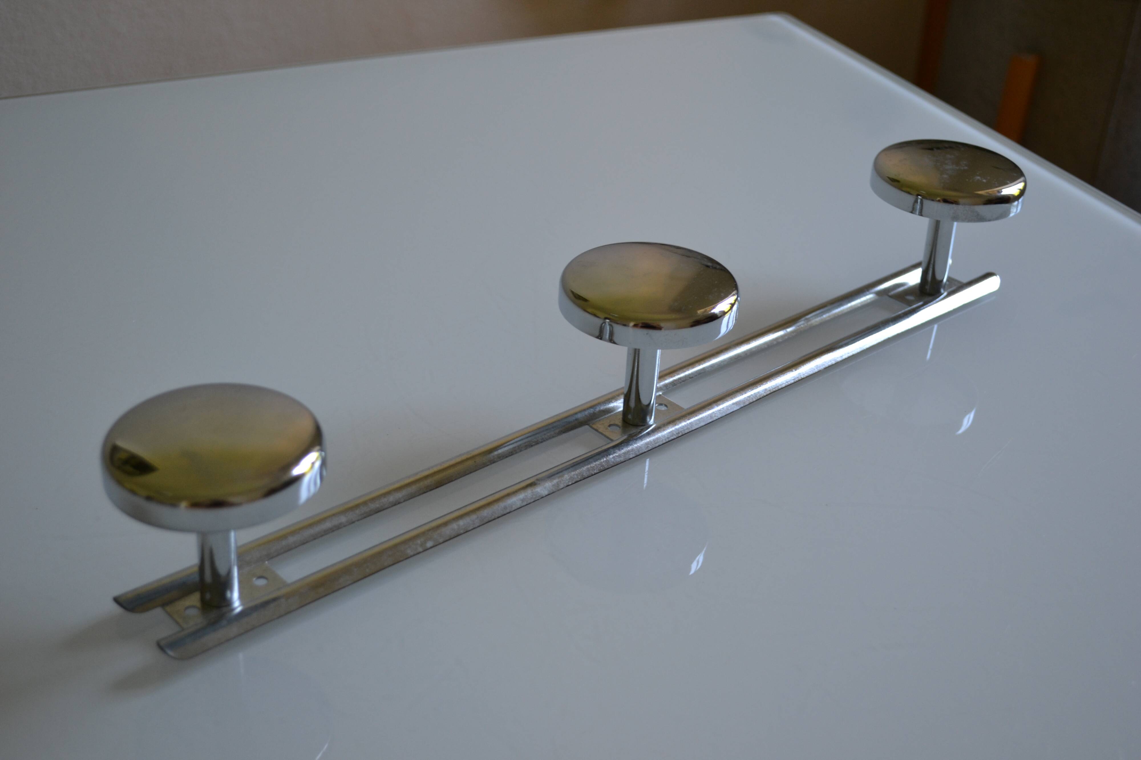 Wall coat rack with 3 chrome metal hooks, vintage 80s.