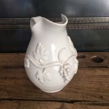 White enamelled ceramic pitcher signed emile tessier malicorne grape bunch