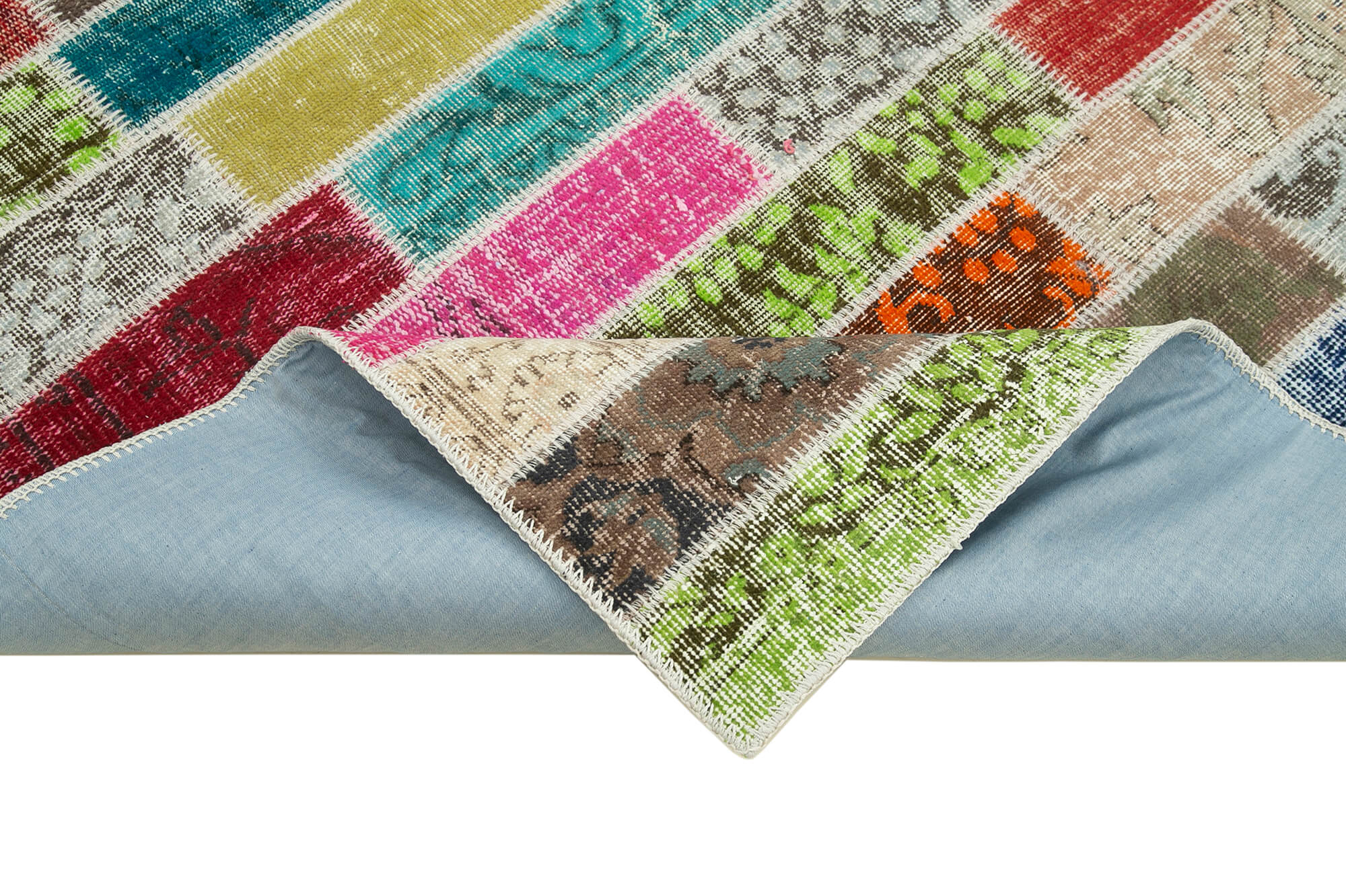 Handmade anatolian overdyed 176 cm x 227 cm multicolor patchwork carpet