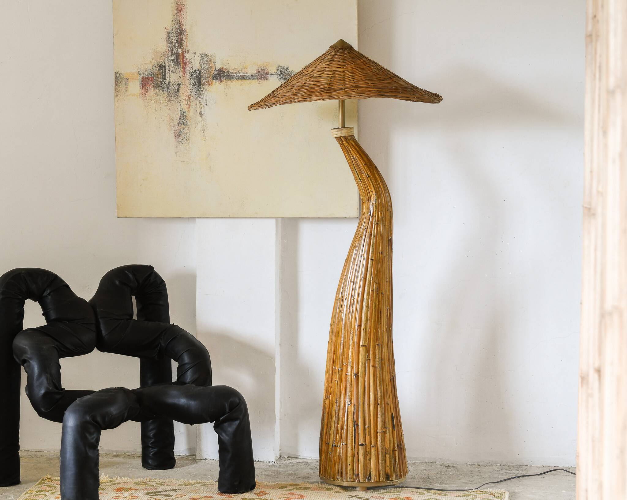Lampadaire sculptural en rotin « Champignon »