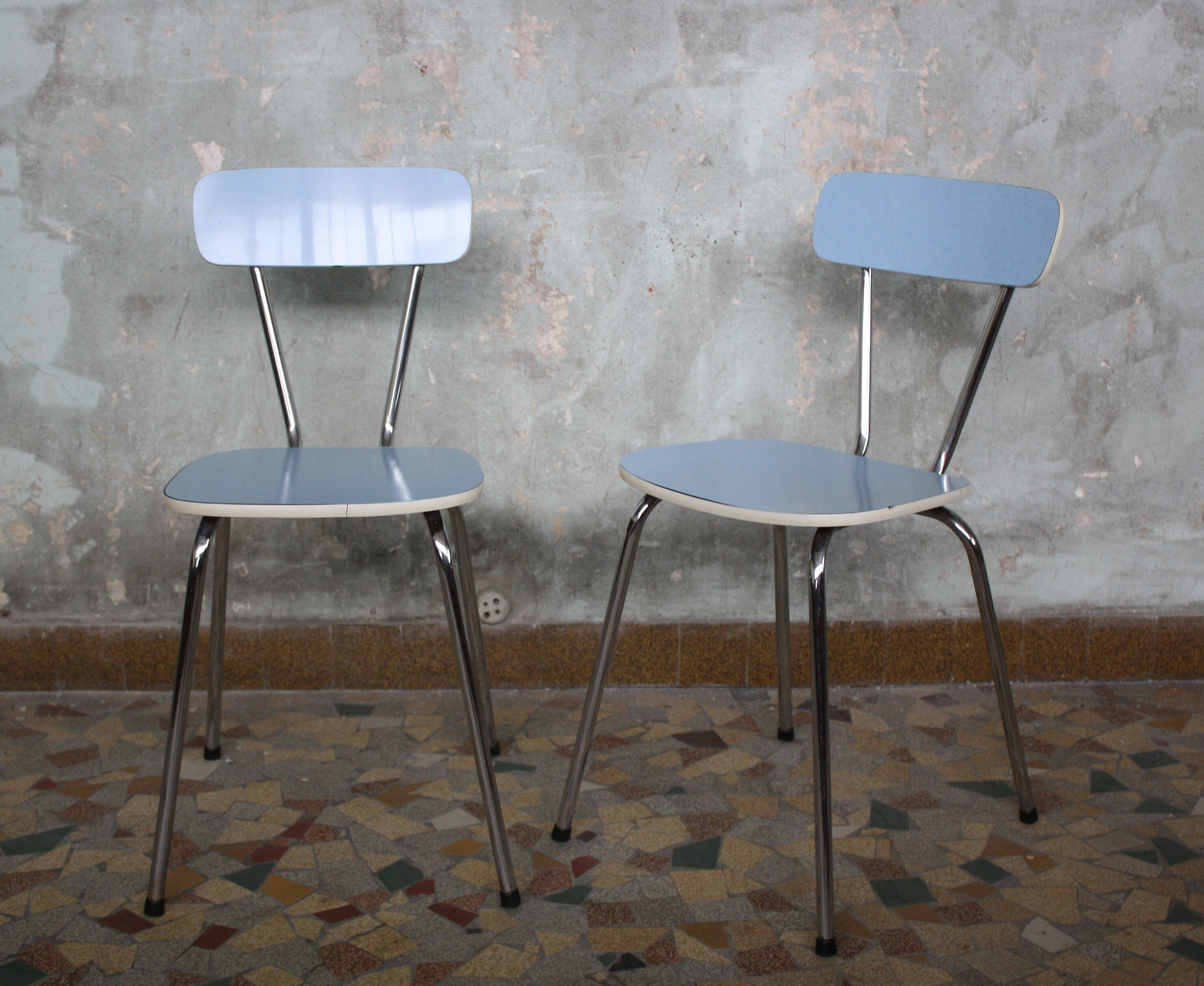 Pair of blue vintage formica kitchen chairs