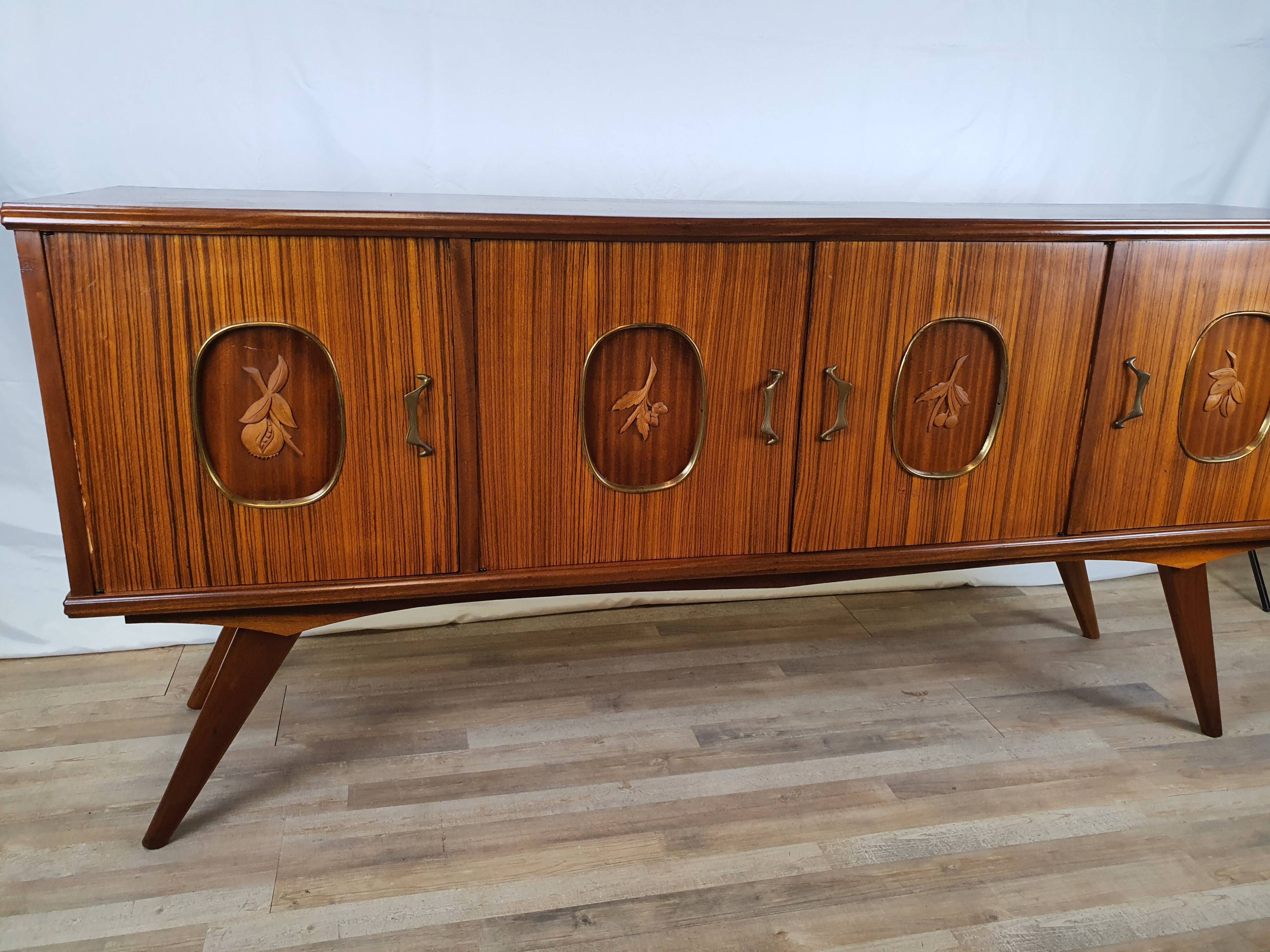 1960s sideboard with decorated doors in wood and brass