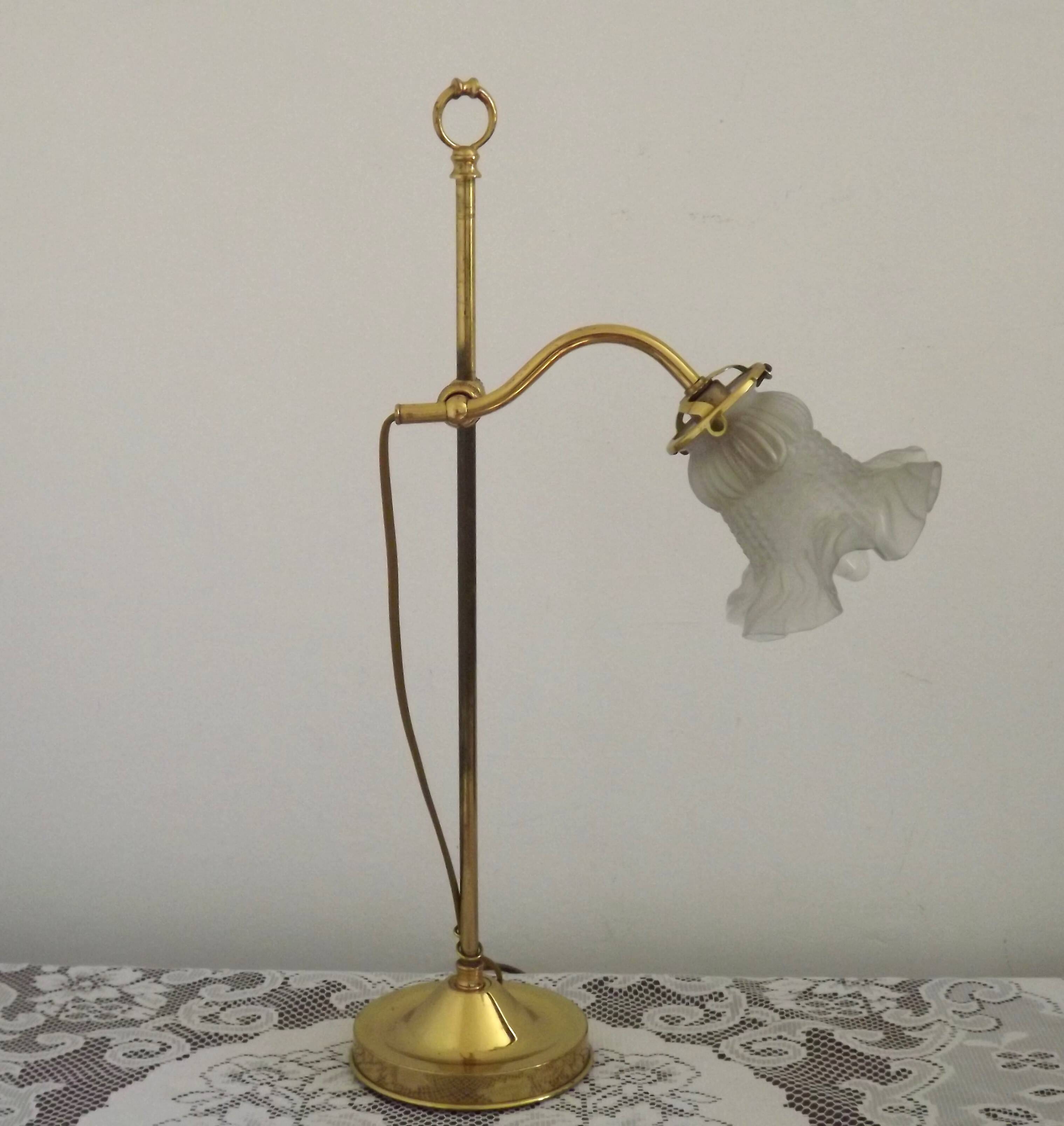 French antique brass goose neck table lamp with white opaque glass shade 5468.