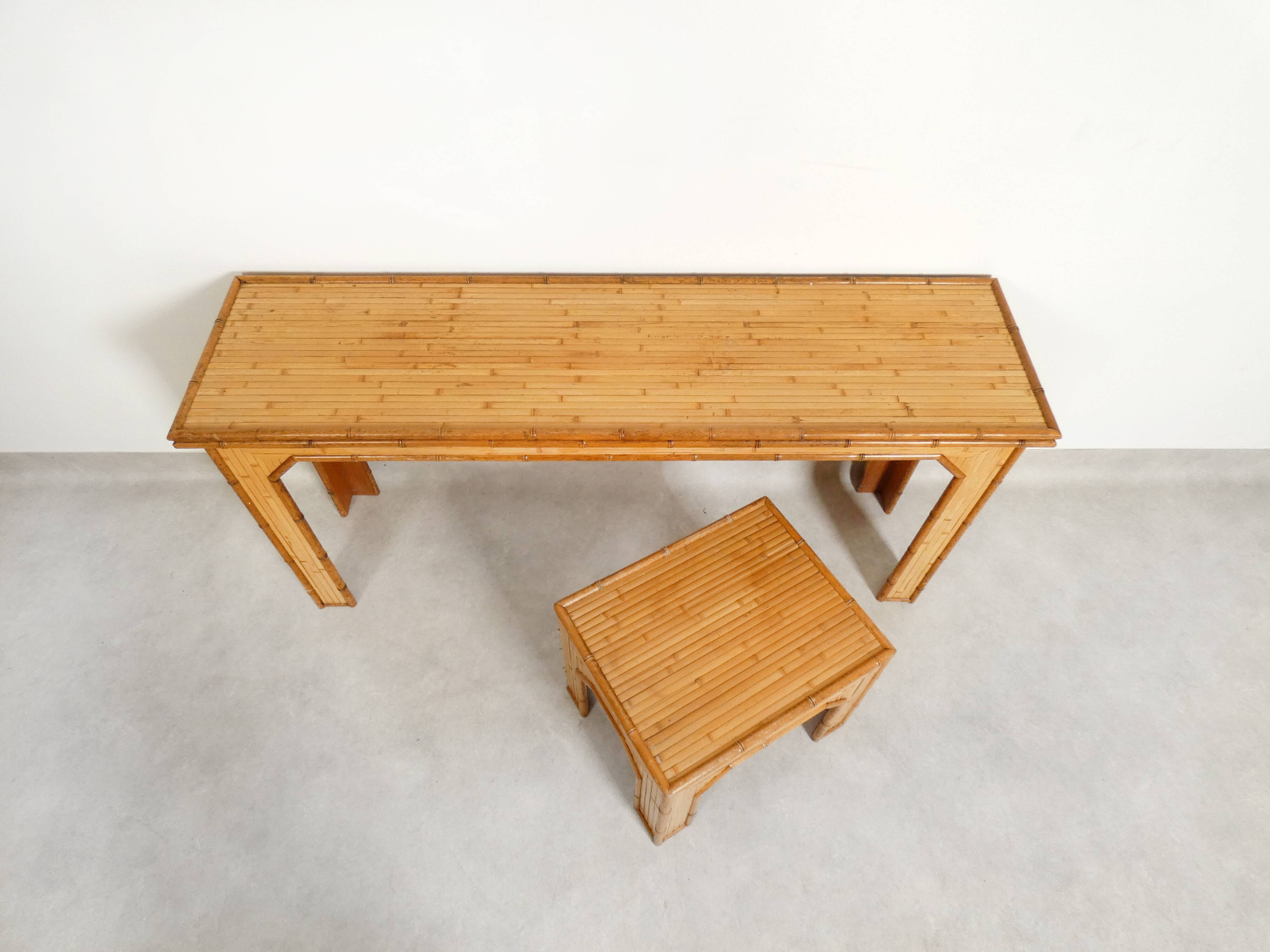 Console with sidetable and mirror in bamboo and rattan