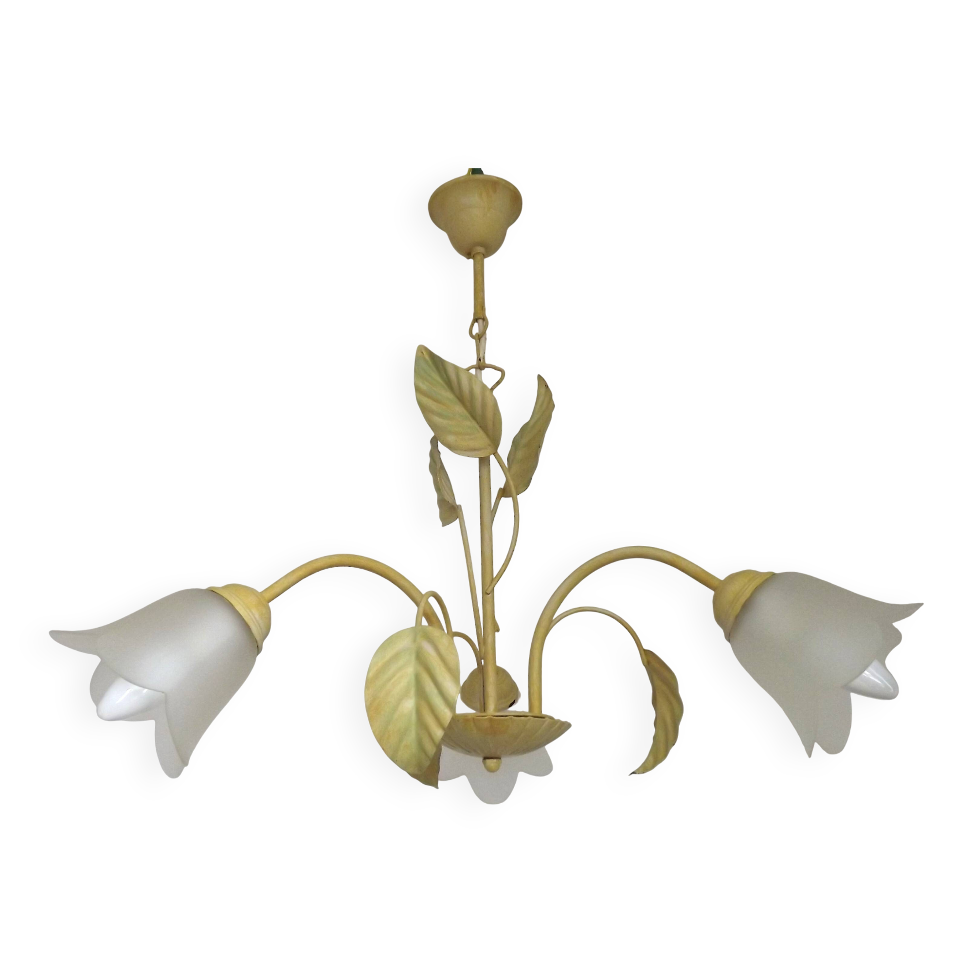 French vintage chandelier with 3 lights in leaf green metal and glass shades 5516