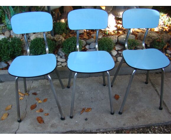 Lot de trois chaises formica bleu vintage | Selency