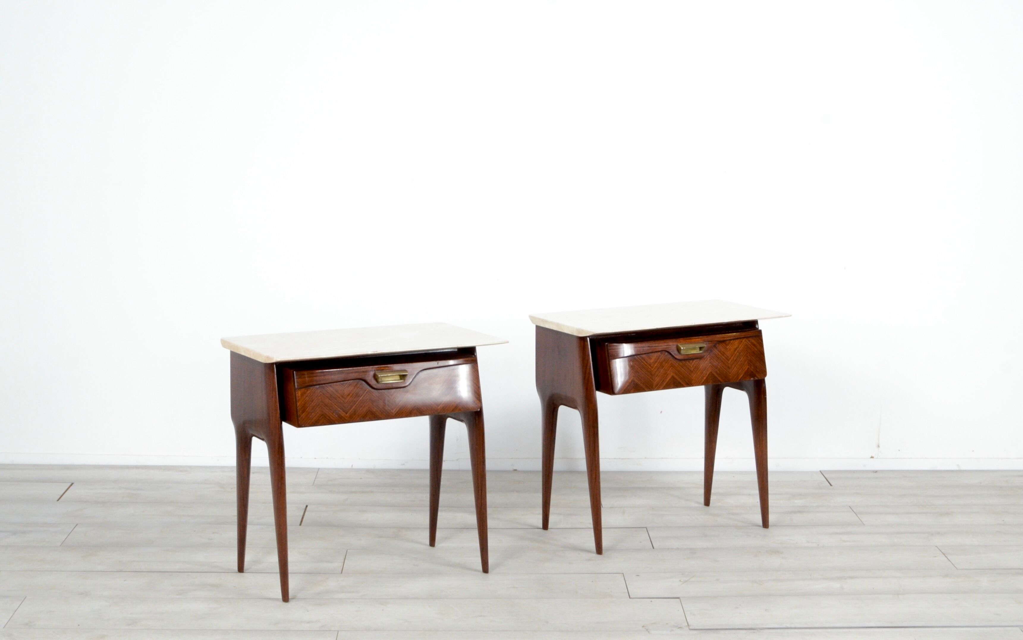 Set of 2 italian midcentury rosewood, carrara marble and brass bedside tables / cabinets. vintage
