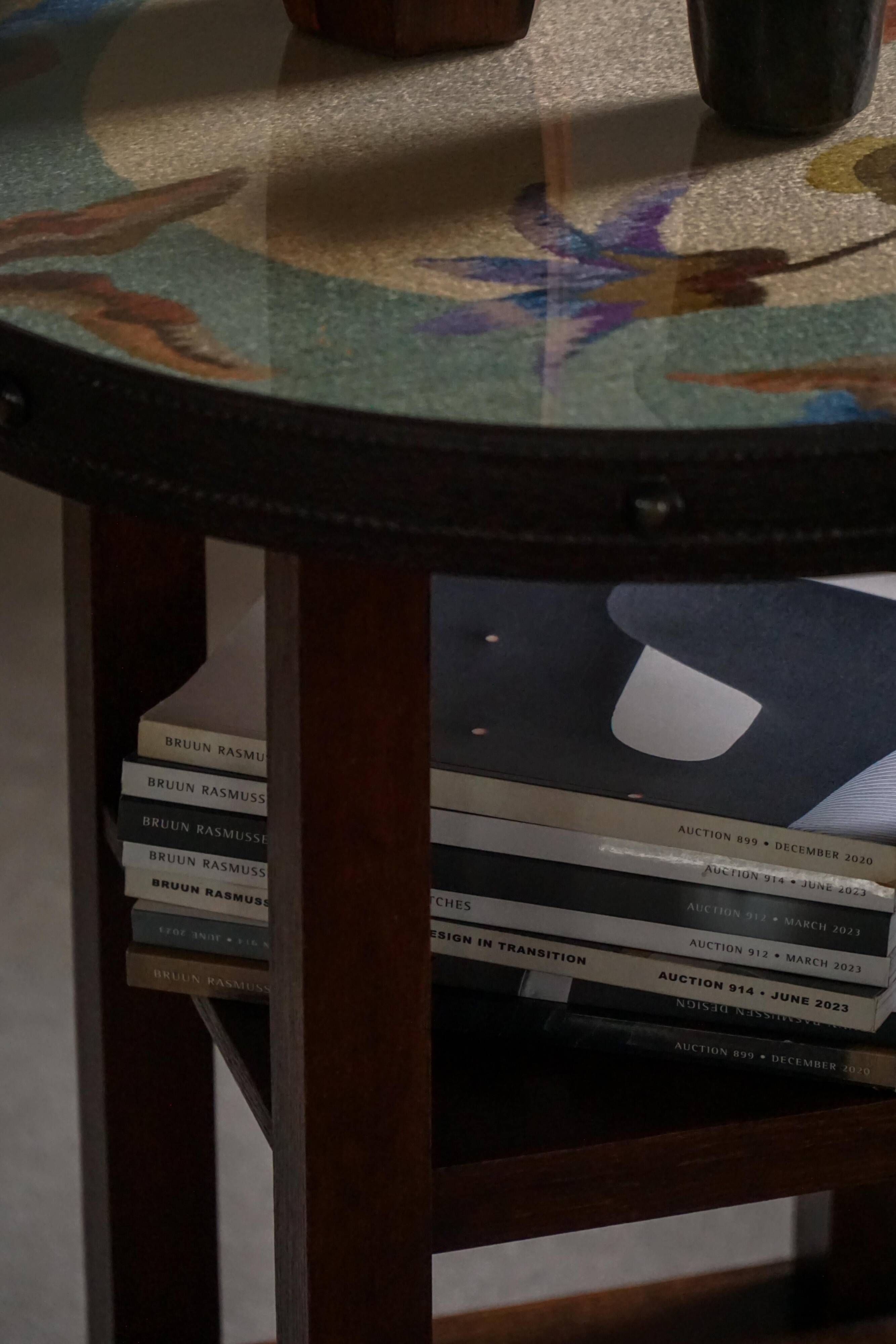 Art Nouveau, round side table with floral glass top, Danish cabinetmaker, 1920s