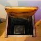 1980s solid wood bread bin decorated with a golden wheat sheaf