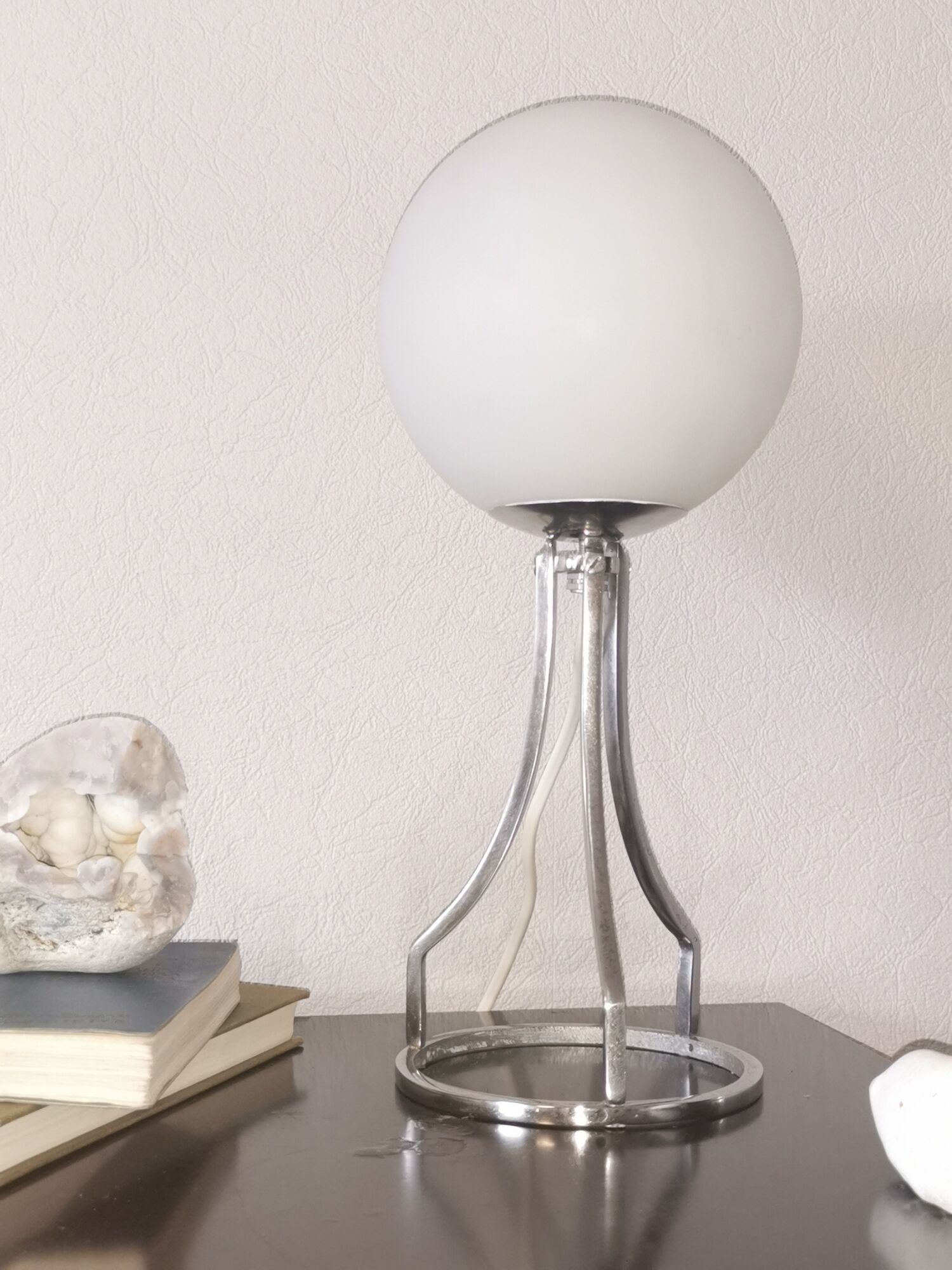 Lamp sphere of frosted glass, chrome steel, art deco, 1950