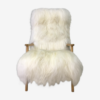 Vintage Art Deco white fluffy furry sheepskin bentwood armchair