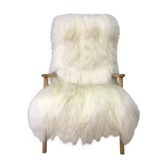 Vintage Art Deco white fluffy furry sheepskin bentwood armchair