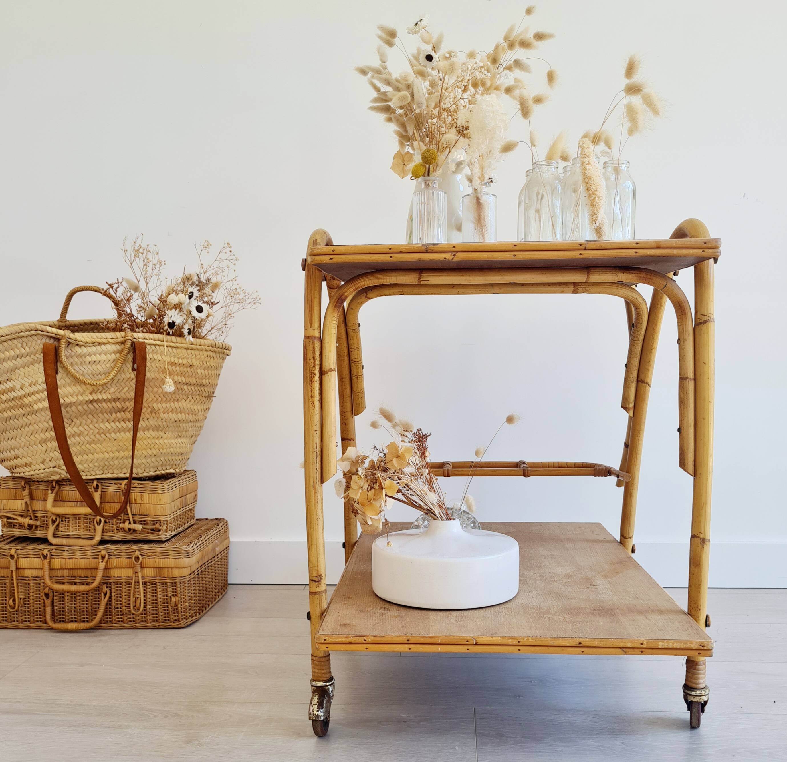 Antique rattan serving trolley with double shelves