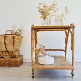 Antique rattan serving trolley with double shelves
