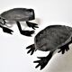 Two metal clipboard frogs patinated vintage brutalist