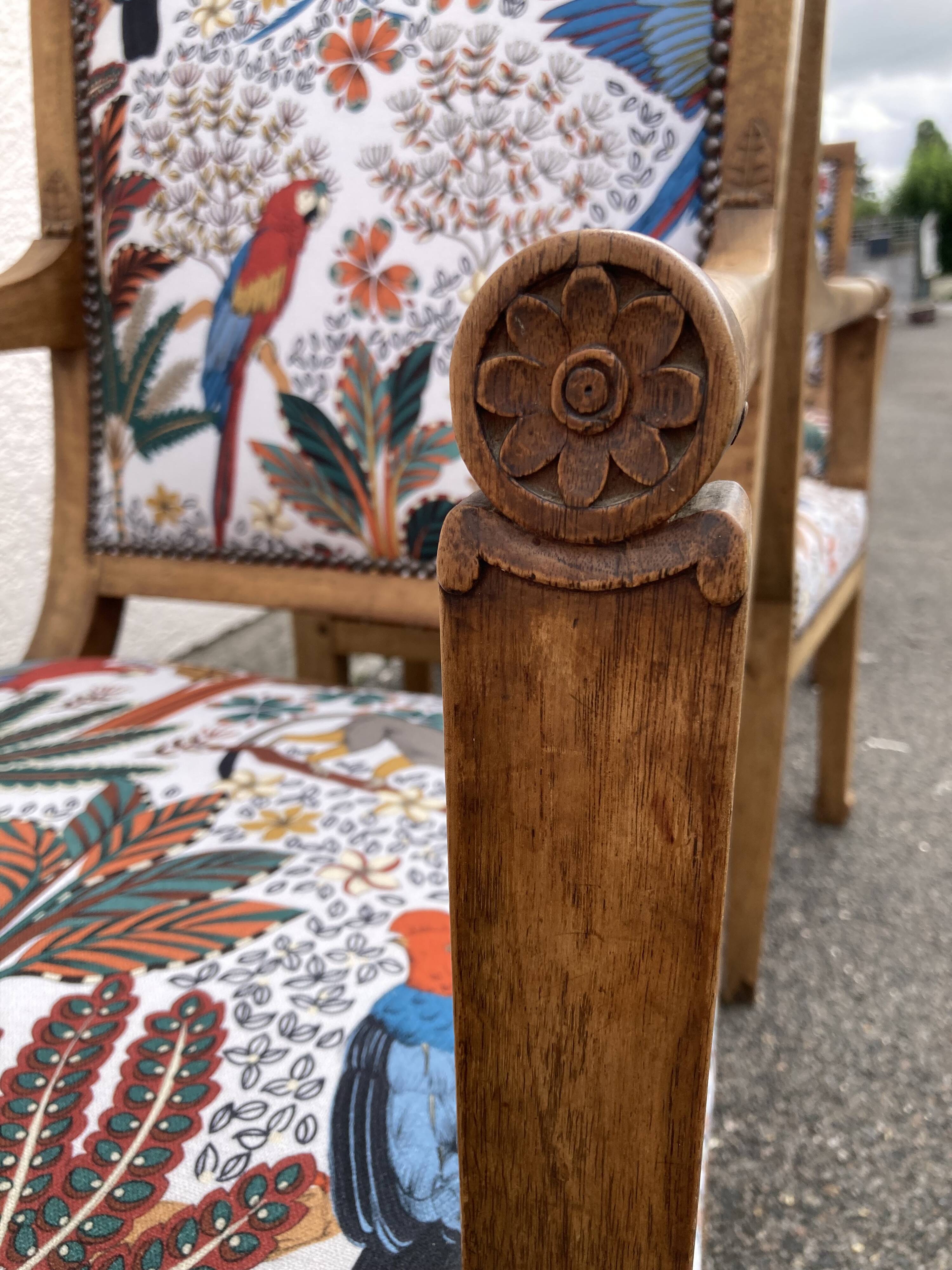 Set of four reupholstered Directoire period armchairs.