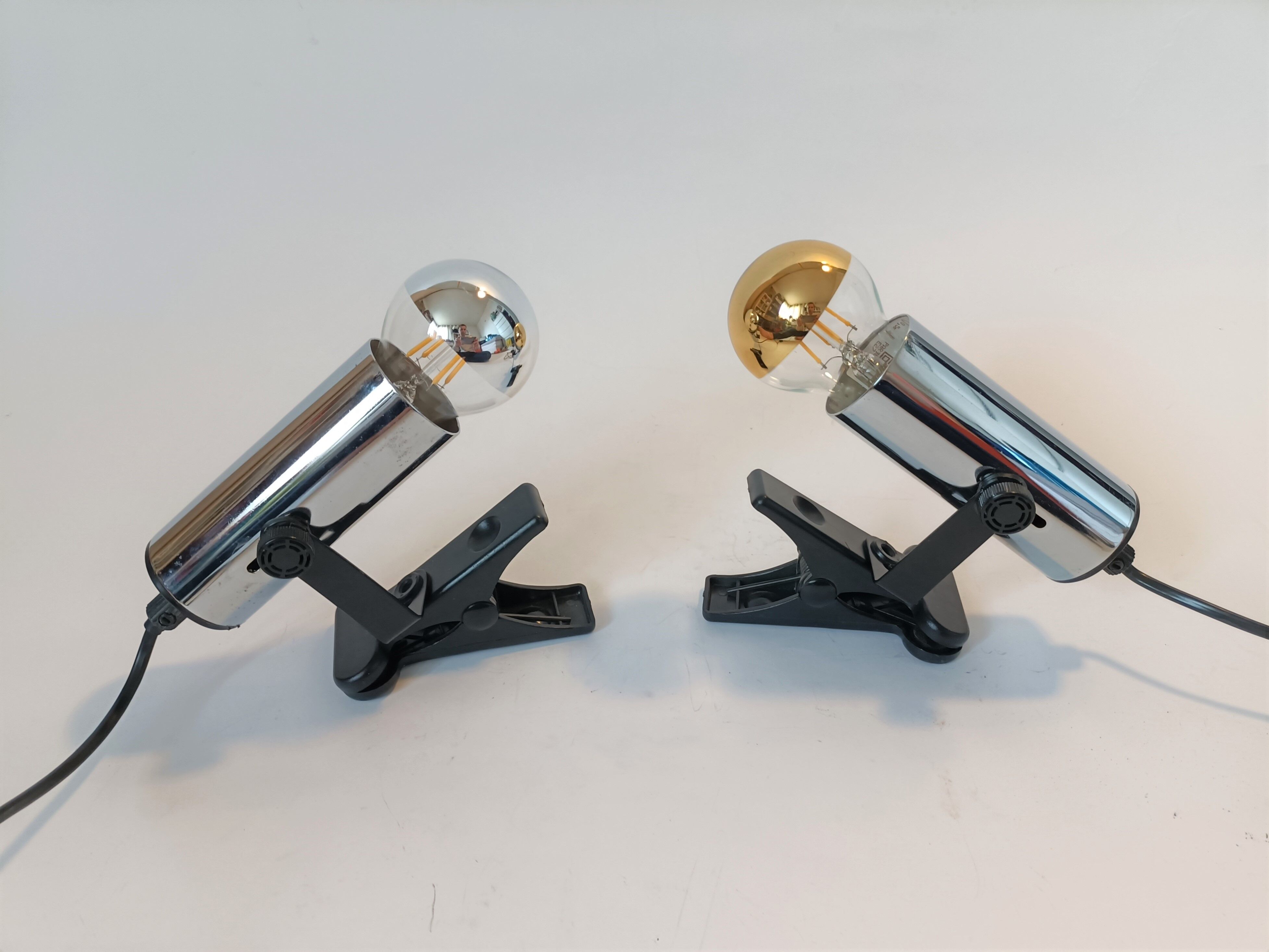Pair of Targetti clamp spotlights in chrome metal 1970