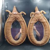Pair of large oval rope and leather mirrors, very good condition, 1950s
