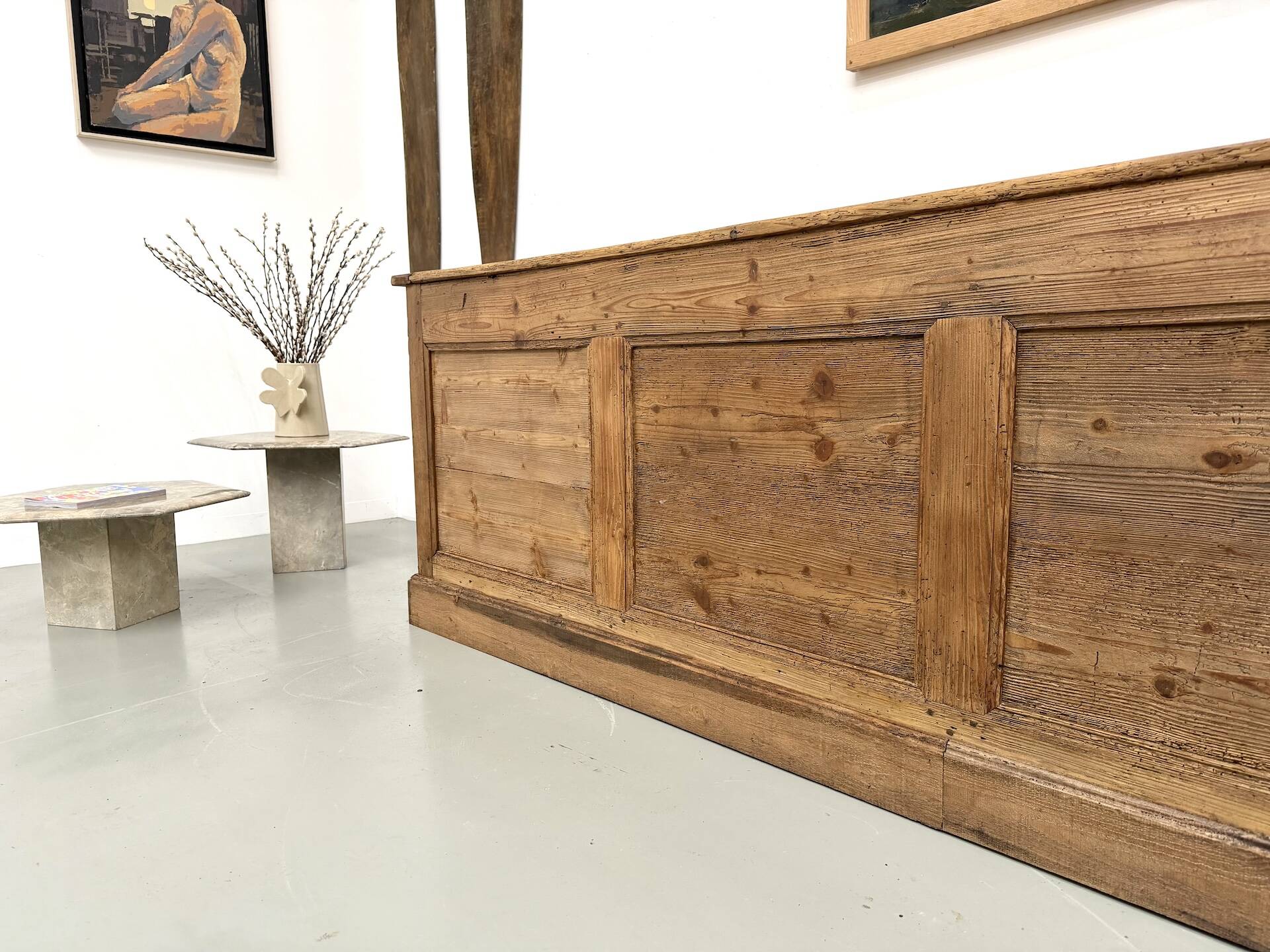 Very large pine trade counter, circa 1920.