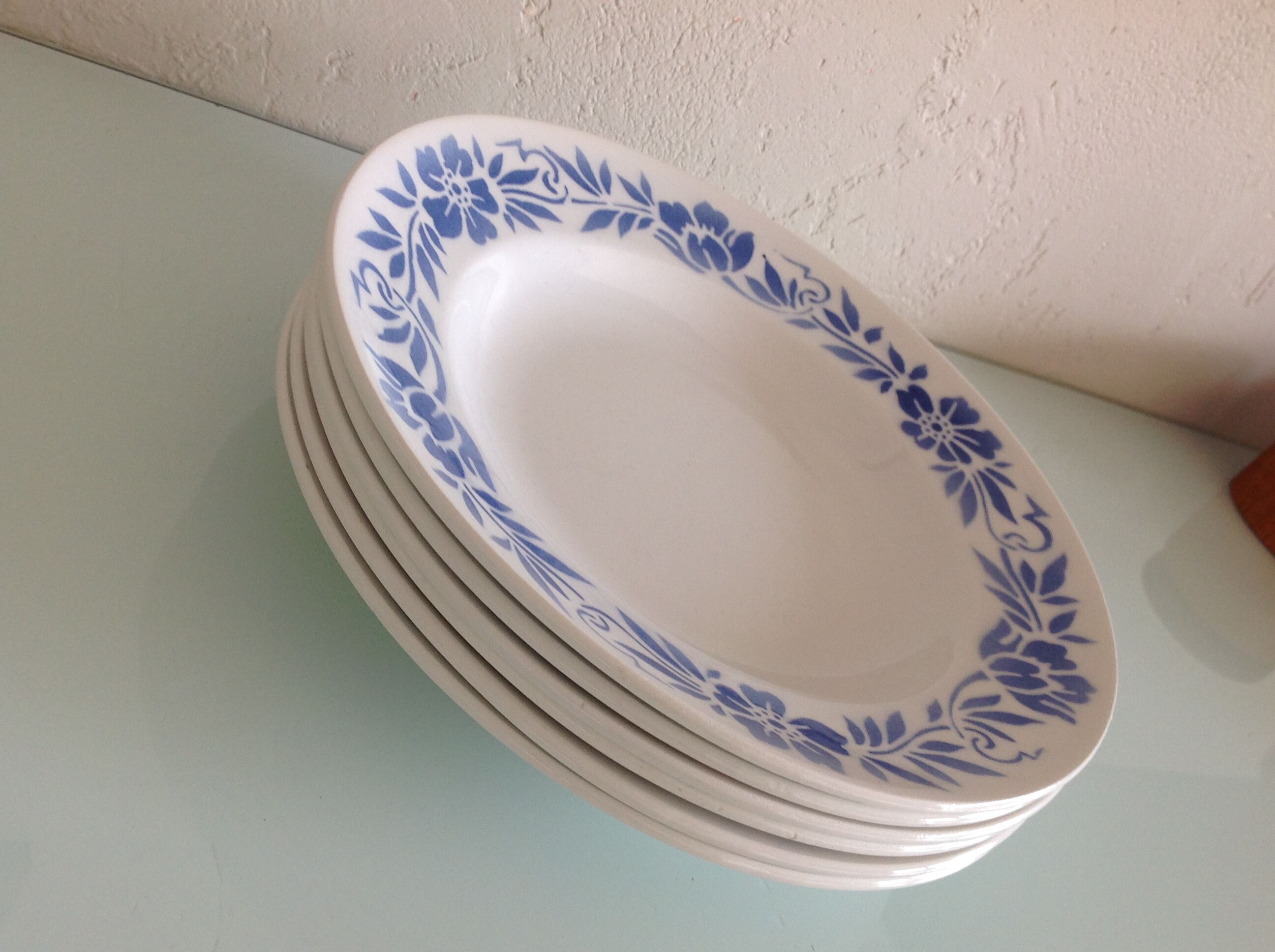 Suite of six white hollow plates with blue flowers by Moulin des Loups / vintage years 50-60