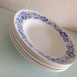 Suite de six assiettes creuses blanches à fleurs bleues par Moulin des Loups /vintage années 50-60