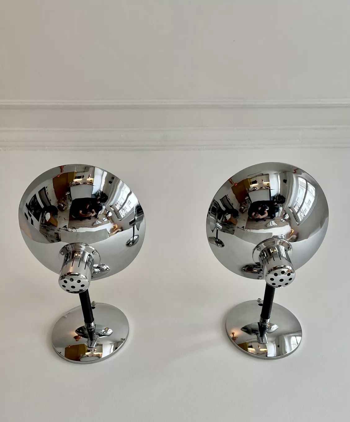 Pair of adjustable vintage wall lamps, chromed metal, France 1970