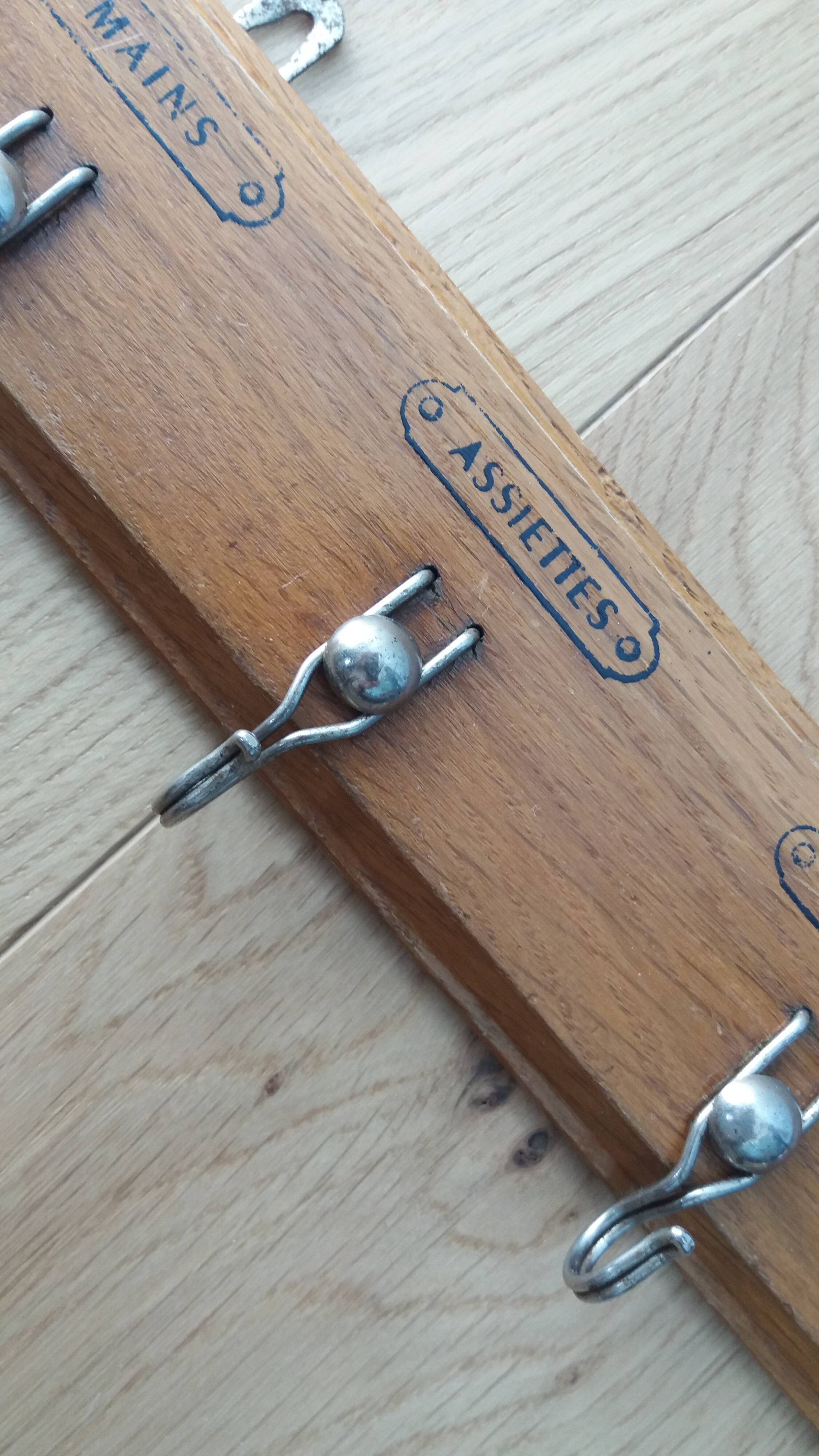 Tea towel holder, wooden and metal towel hook.