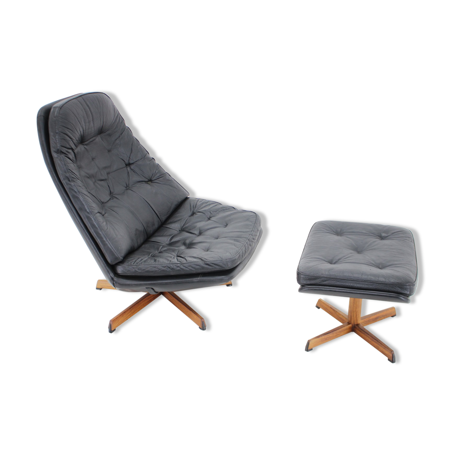 Madsen and Schubell Black Leather Reclining Chair and Stool, Denmark 1960