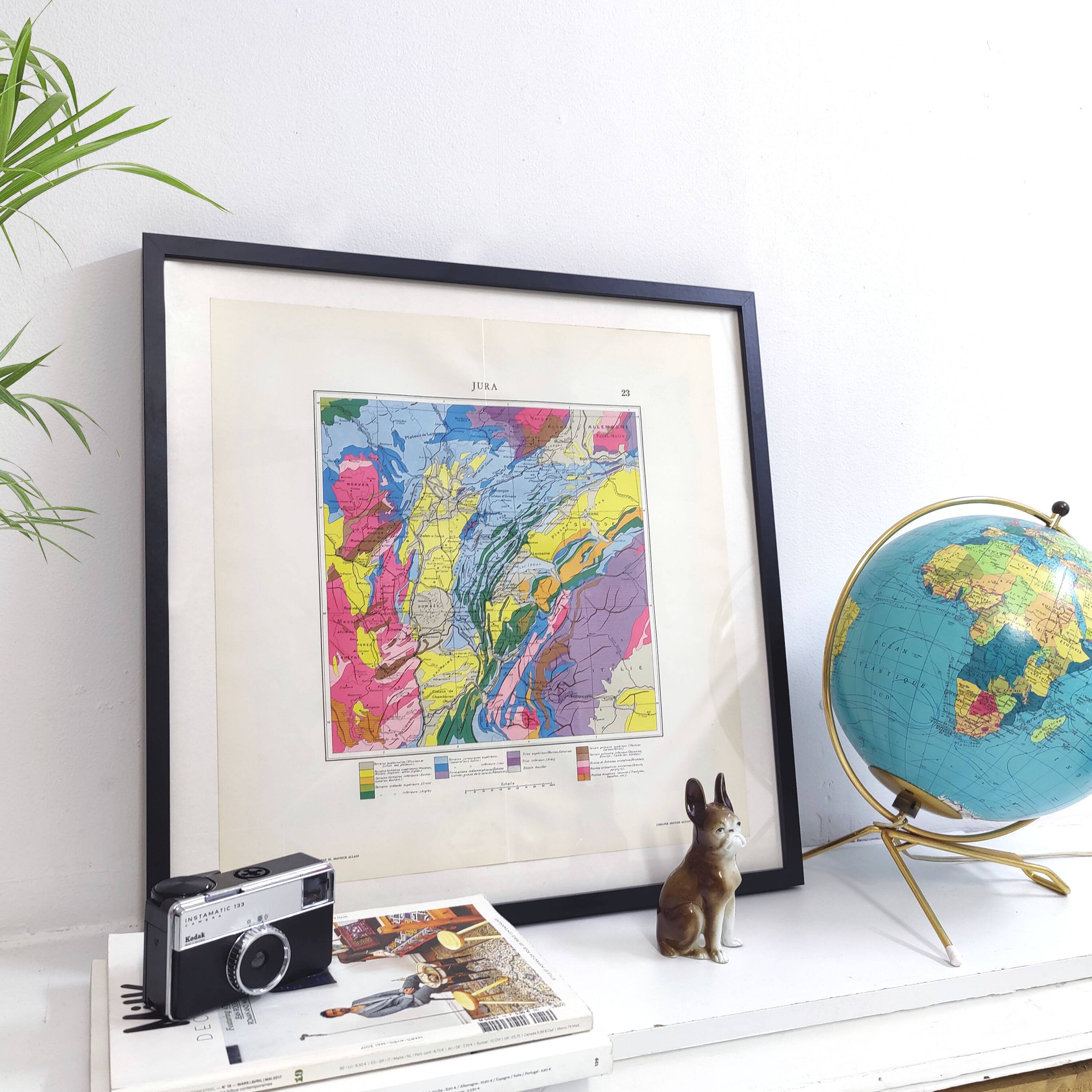 Vintage map of Jura France Switzerland 43x43cm from 1950