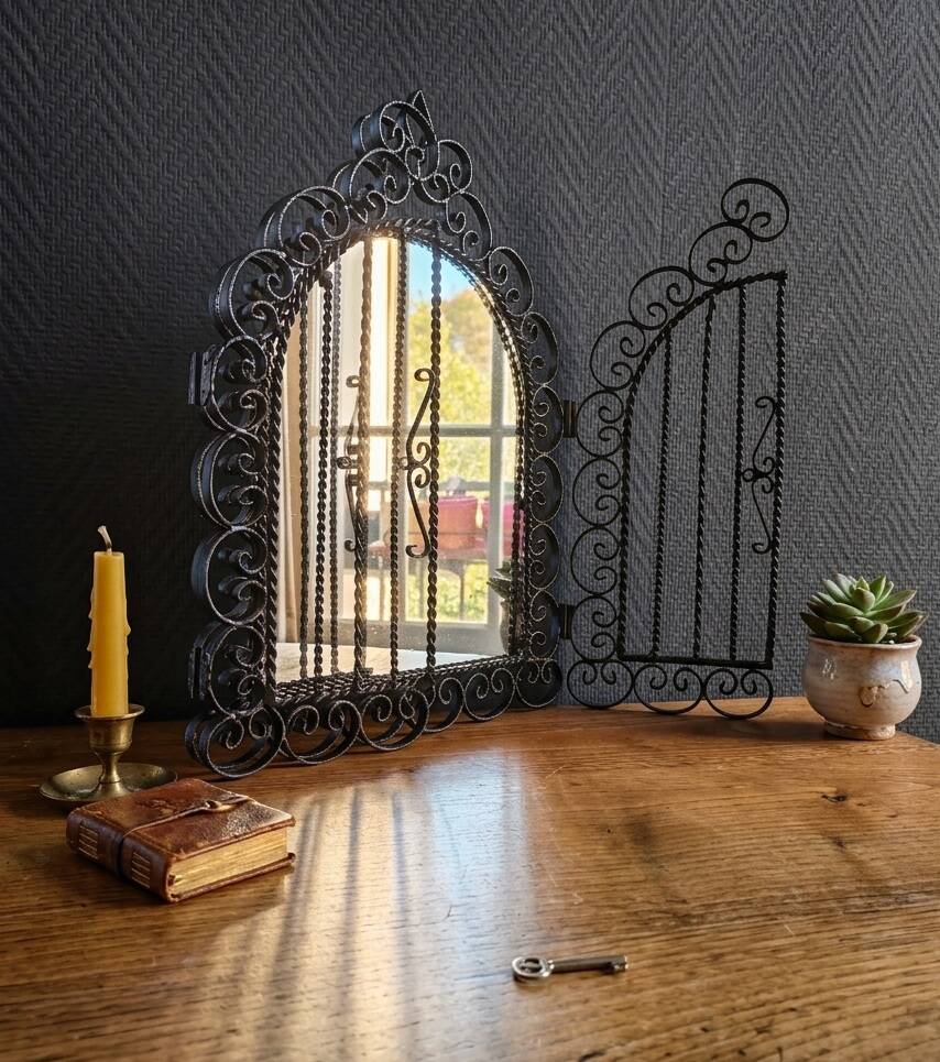 Vintage Black Wrought Iron Triptych Mirror