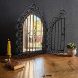 Vintage Black Wrought Iron Triptych Mirror