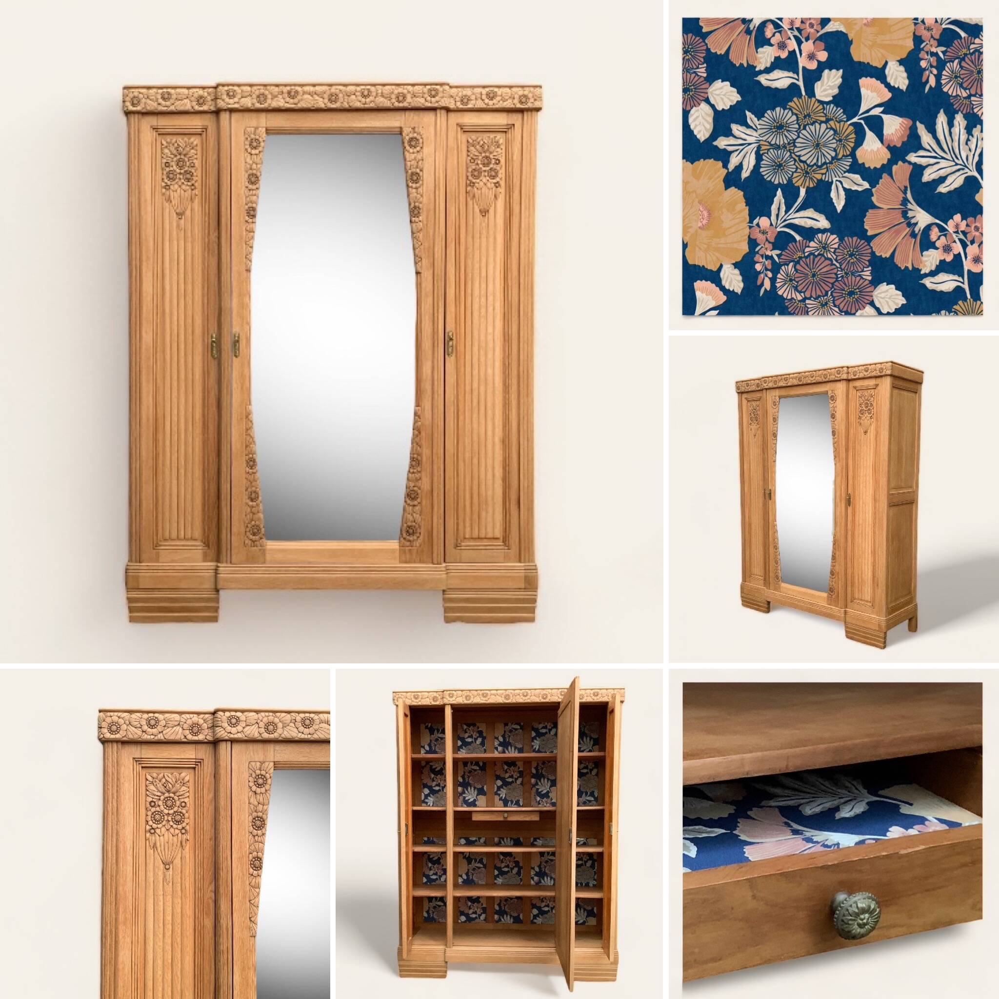 Parisian Art Deco style wardrobe in solid raw oak, 1950