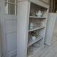 Old patinated pearl gray library, wooden top, composed of 3 adjustable shelves.