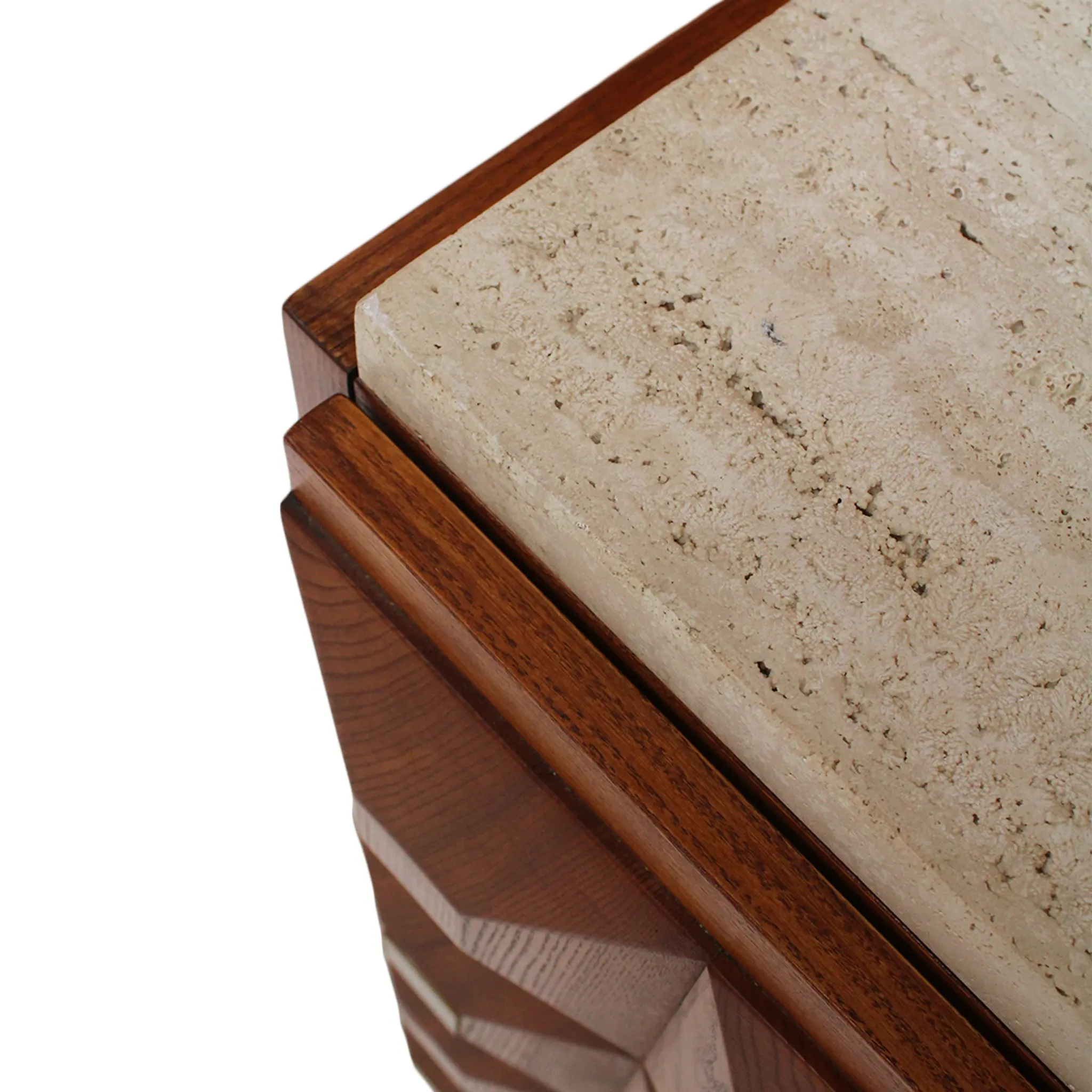 Contemporary Square Pattern Oak Wood, Brass and Travertine Top Italian Side