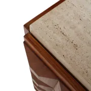 Contemporary Square Pattern Oak Wood, Brass and Travertine Top Italian Side