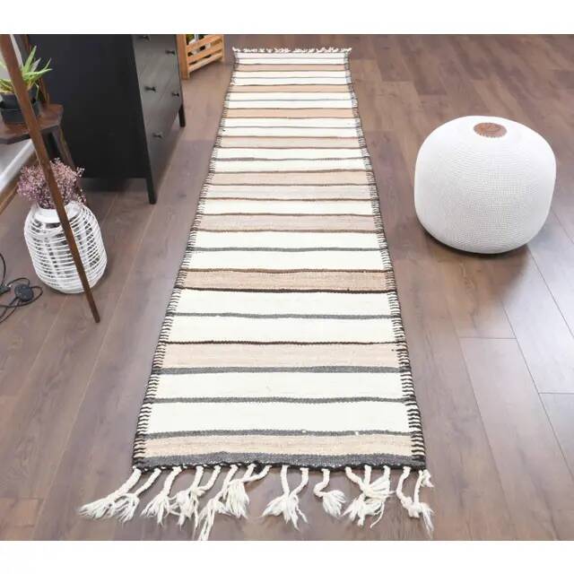 Vintage Turkish Oushak Handmade Cotton Beige Wool Kilim Runner Rug 81x347
