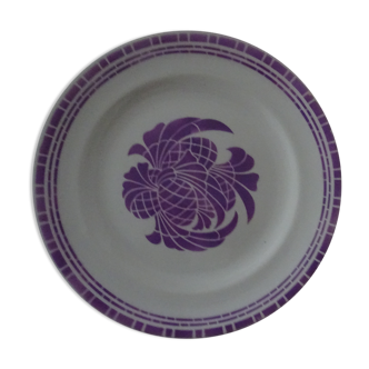 Plate flat faience old Moulin des loups decoration art nouveau mauve