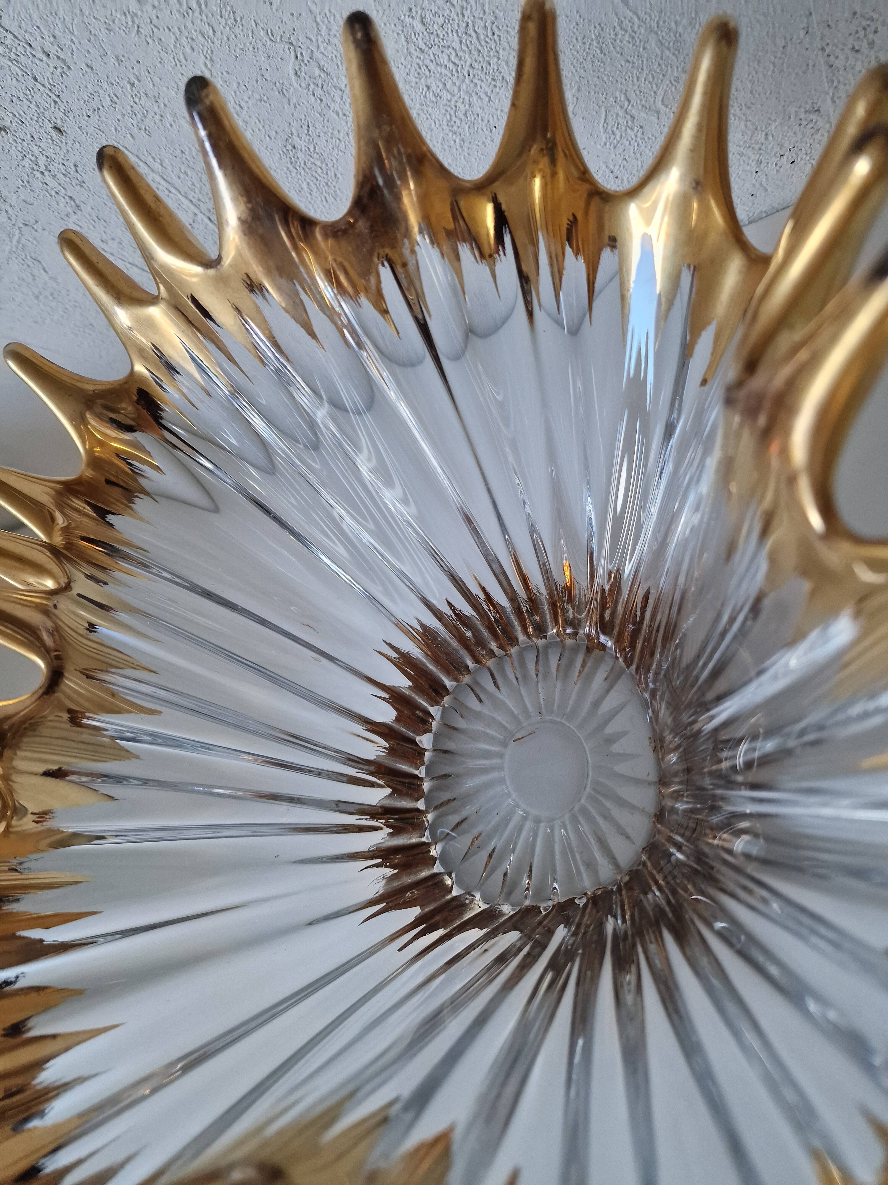 Large vintage crystal bowl from BAYEL with golden tips.