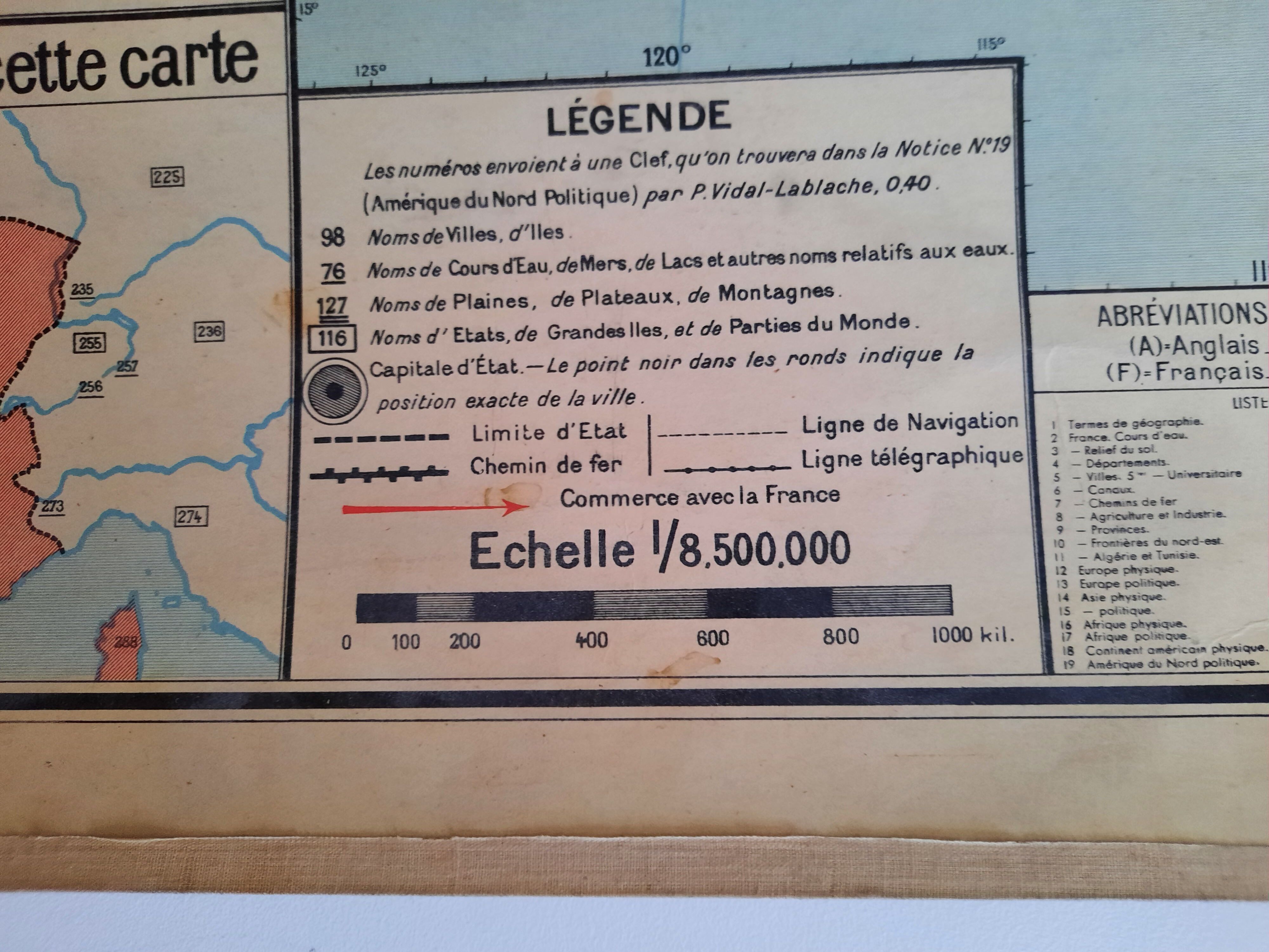 Carte scolaire ancienne de l.'Amérique du Nord, Vidal-Lablache U.S.A. cartonnée