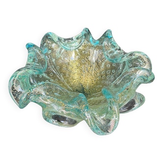 Vide poche, Murano, Archimède Seguso, bleu, or, bullé, formant fleur stylisé, verre soufflé