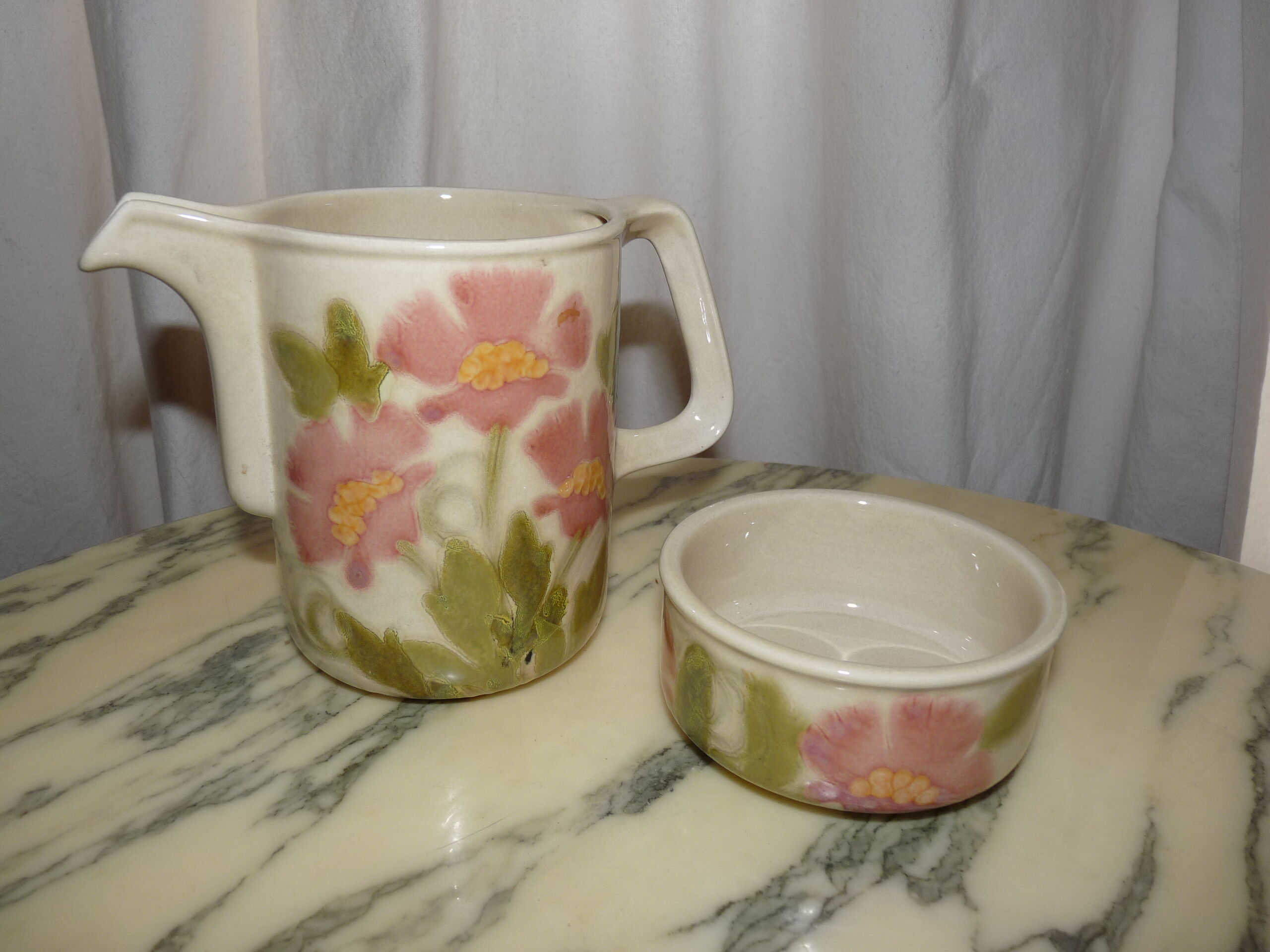Hand-decorated art ceramic water jug and ramekin