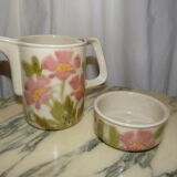 Hand-decorated art ceramic water jug and ramekin