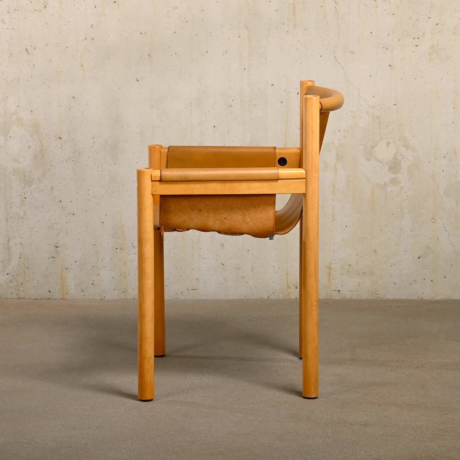 Armchair Wood and cognac colored Saddle Leather, Ibisco Italy 1970s