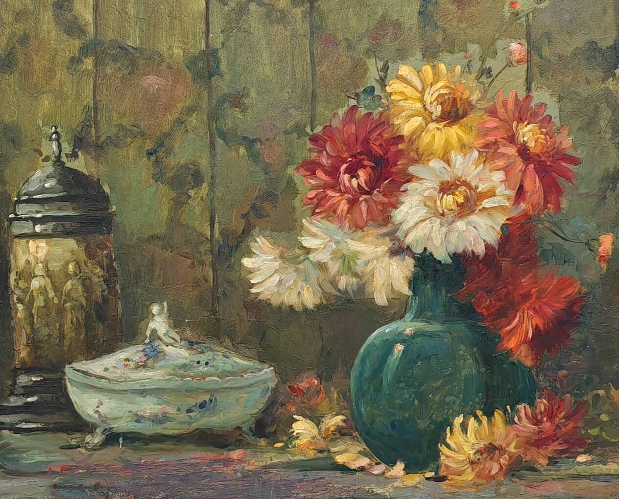 Still life with dahlias oil on panel