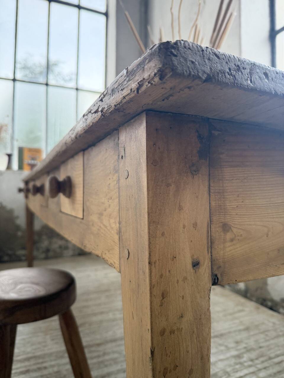 Pine and oak farmhouse table with multiple drawers, communal type, 240cm.